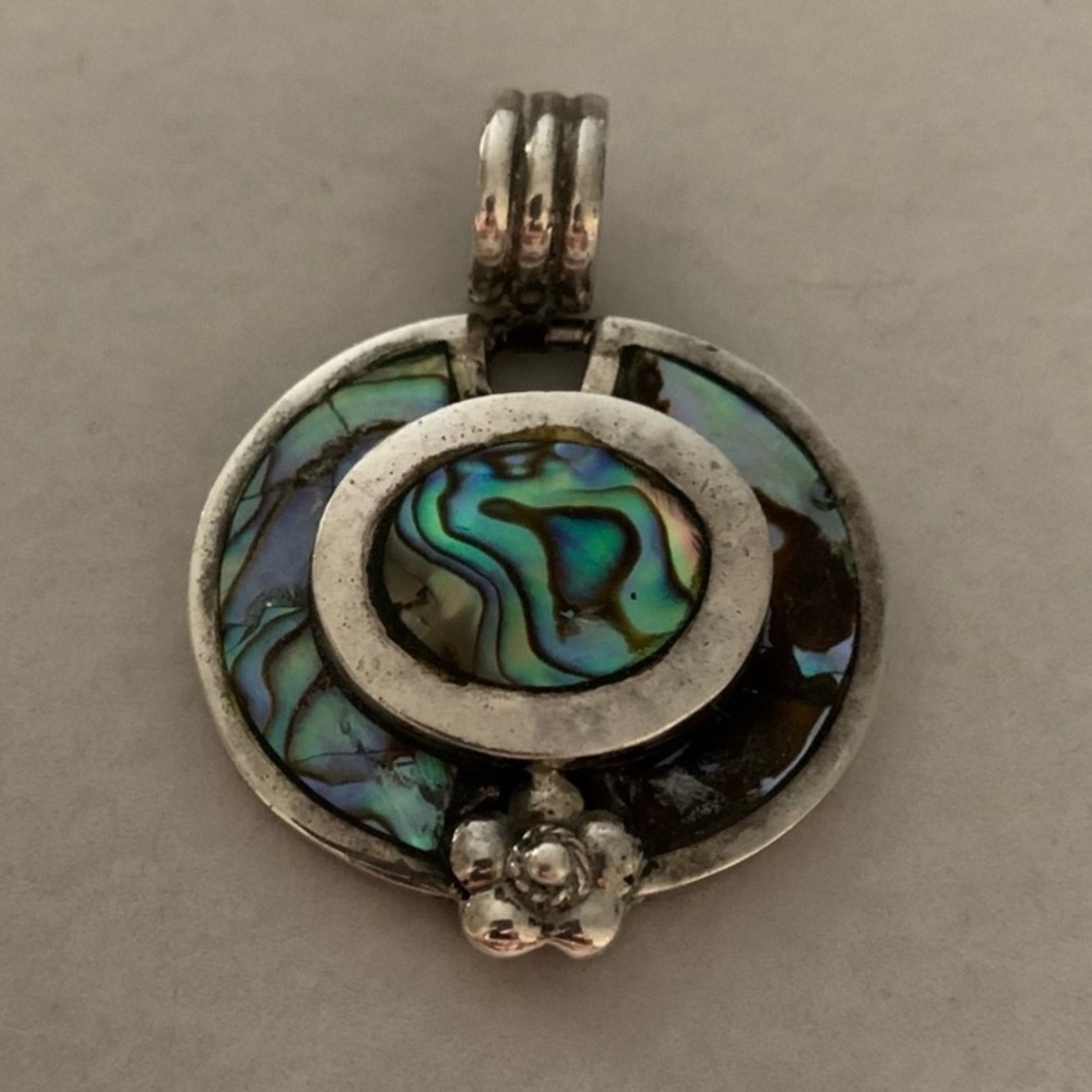 Vintage 925 Sterling Silver Abalone Shell Chunky Statement Necklace Pendant